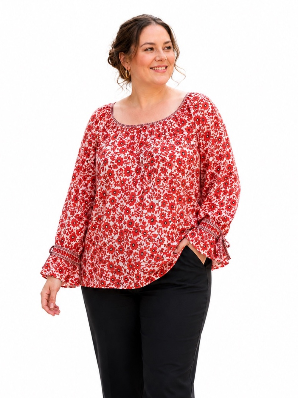 Max Studio Floral Blouse Long Sleeve red white black Women's Size 3X
